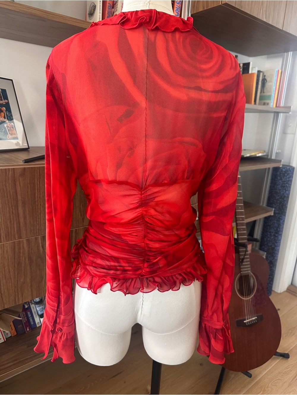 Escada Silk Sheer Ruched Ruffle Blouse Red Y2K Top XS/S - Picture 10 of 10